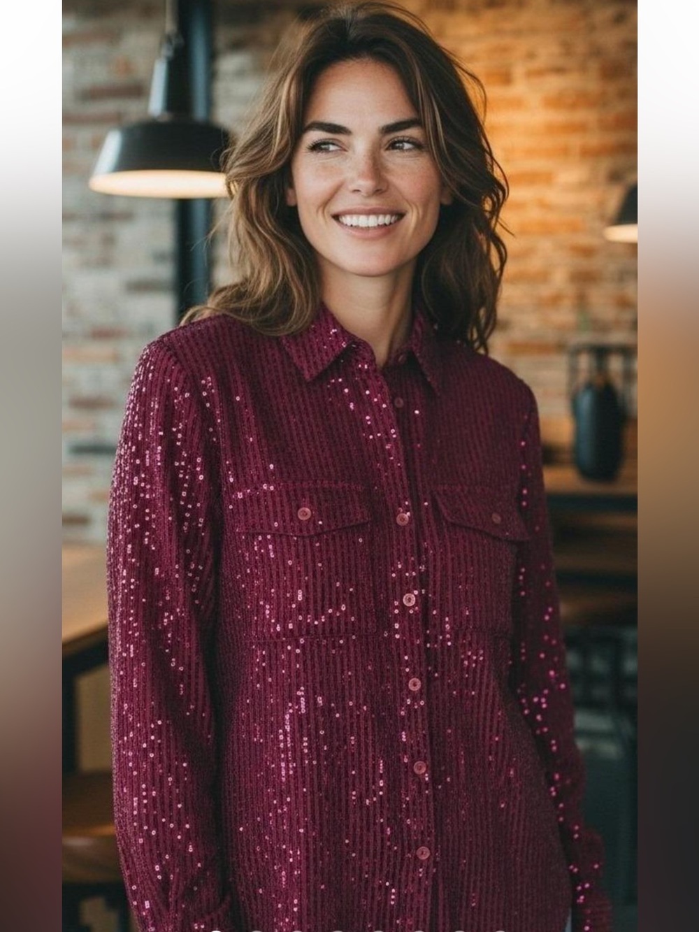 Anthropologie medium raspberry sequined front button long sleeve top.